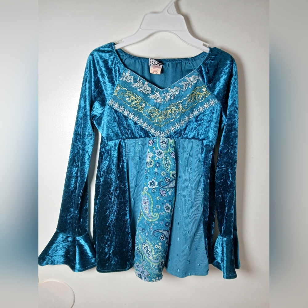 Girls Pogo Club NY Velvet Paisley Boho‎ Top Sz 10/12 Teal Blue Fairy Ren Faire